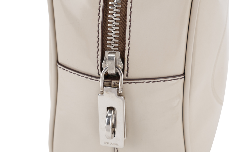 PRADA BN1114 TOP HANDLE BEIGE VINYL BAG SILVER HARDWARE WITH CARD, KEYS&LOCK AND DUST COVER