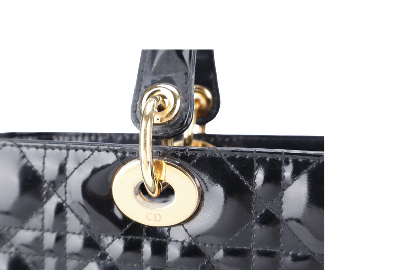 CHRISTIAN DIOR LADY DIOR LARGE BLACK PATENT LEATHER GOLD HARDWARE (17-BO-1009) WITH CARD NO DUST COVER