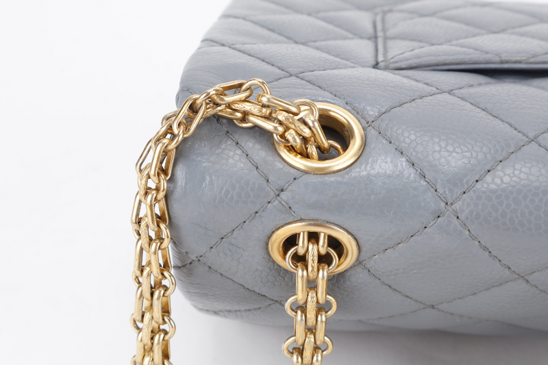 CHANEL REISSUE 2.55 (1893xxxx) MEDIUM DOUBLE FLAP DARK GREY CAVIAR LEATHER GOLD HARDWARE WITH DUST COVER
