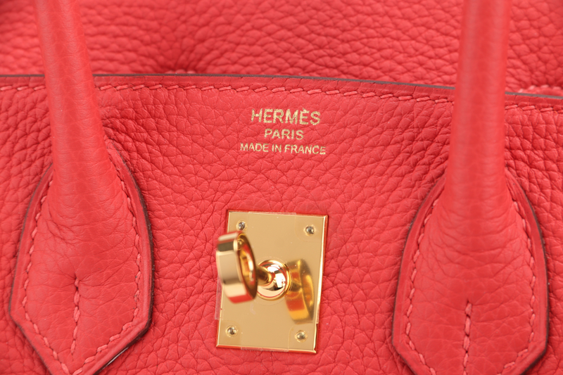 HERMES BIRKIN 25 ROUGE PIVOINE TOGO GOLD HARDWARE STAMP C (YEAR 2018) WITH KEYS, LOCK, RAINCOAT AND DUST COVER