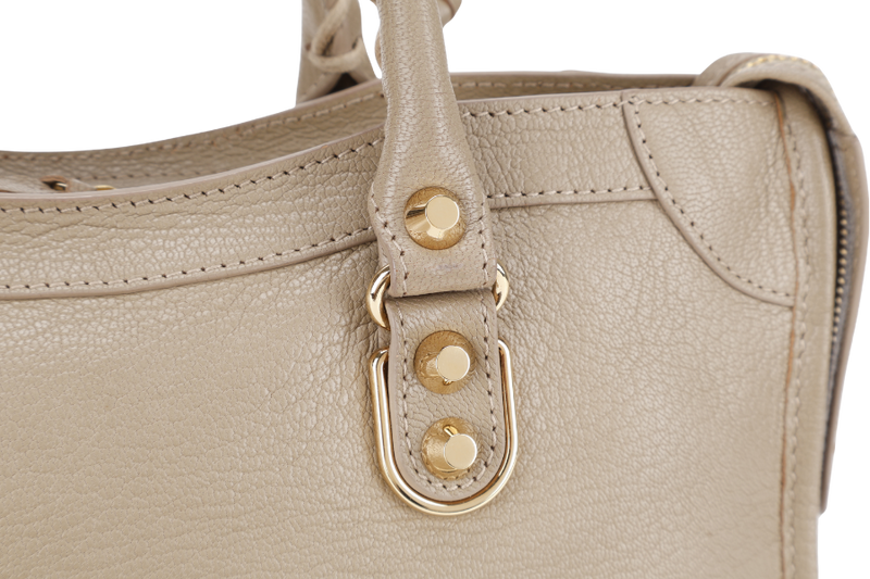 BALENCIAGA SMALL METALLIC EDGE CLASSIC CITY TOTE BEIGE CALFSKIN LEATHER GOLD HARDWARE WITH DUST COVER, STRAPS AND MIRROR