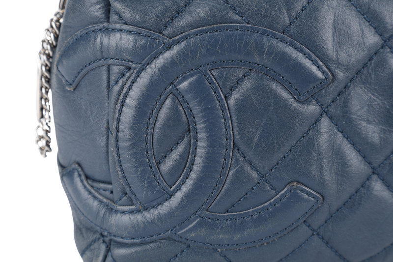 CHANEL CLUB BOWLER BAG (1138xxxx) BLUE CALFSKIN QUILTED COTTON LEATHER SILVER HARDWARE NO DUST COVER