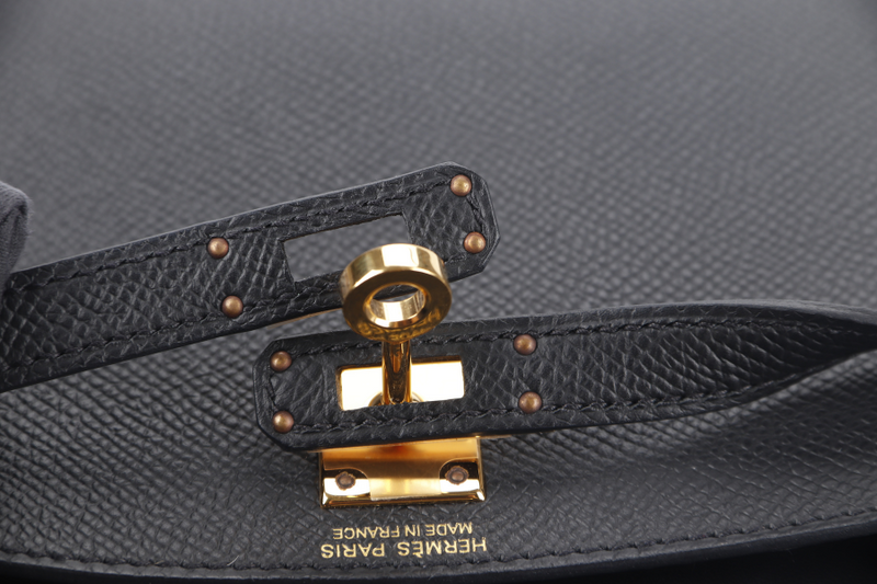 HERMES MINI KELLY (STAMP B) BLACK EPSOM GOLD HARDWARE WITH STRAP, DUST COVER AND BOX