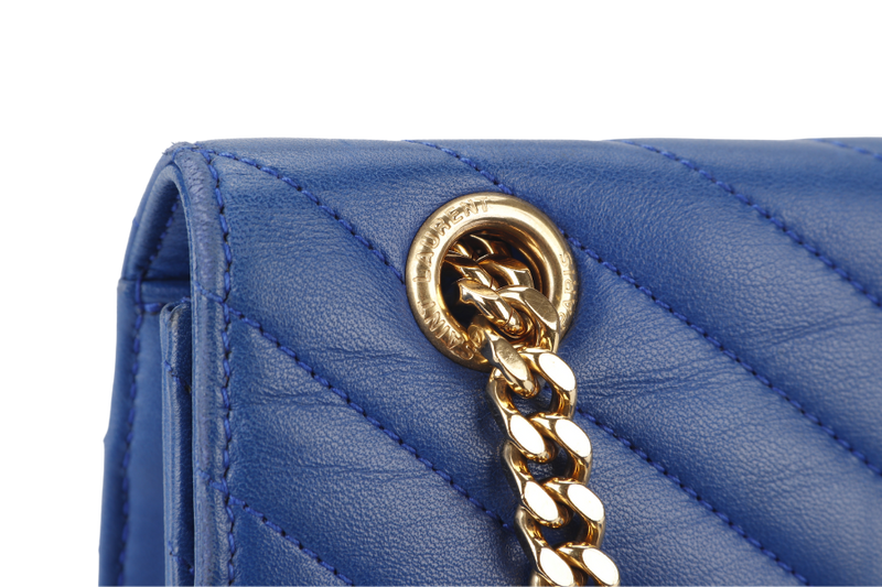 YVES SAINT LAURENT (YSL) MEDIUM ENVELOPE BAG BLUE CHEVRON QUILTED LEATHER GOLD HARDWARE WITH DUST COVER