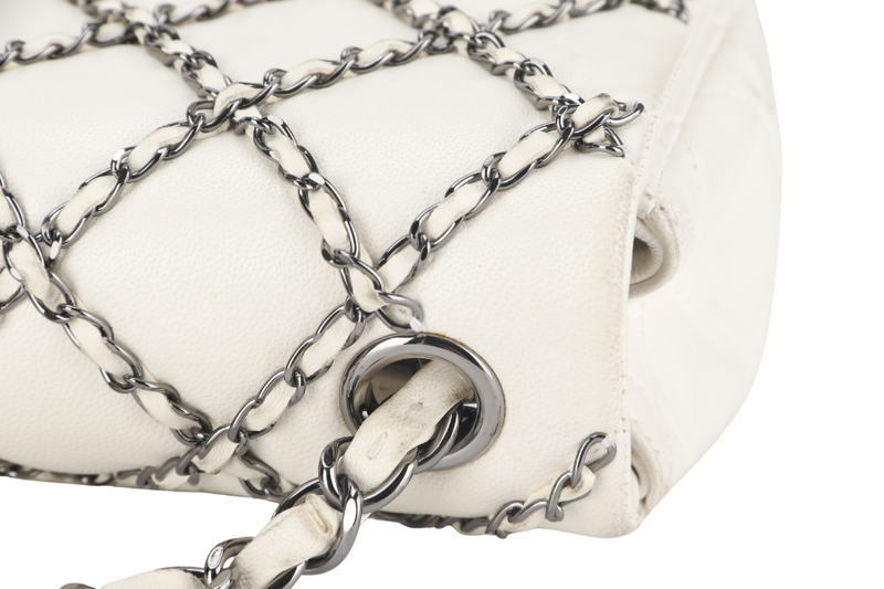 CHANEL QUILTING ENCHAINED FLAP BAG (1968xxxx) WHITE LAMBSKIN LEATHER SILVER HARDWARE WITH CARD, DUST COVER AND BOX