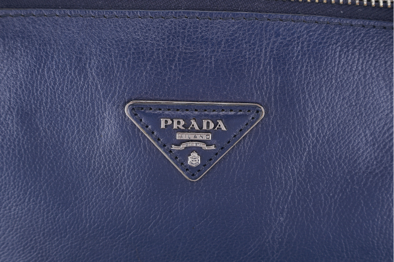 PRADA BR4998 BLUE LARGE LEATHER BOSTON BAG SILVER HARDWARE WITH KEYS & LOCK NO DUST COVER