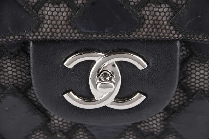 CHANEL CLASSIC FLAP JUMBO (1430xxxx ) BLACK PATENT LACE SILVER HARDWARE NO CARD WITH BOX AND DUST COVER