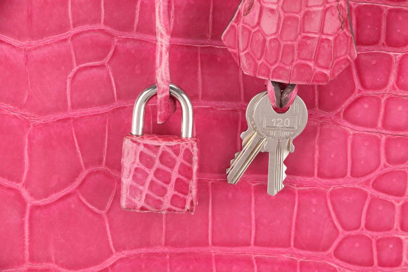 HERMES BIRKIN 35 SHINY POROSUS ROSE TYRIEN SILVER HARDWARE STAMP UNCLEAR WITH KEYS, LOCK, RAINCOAT AND DUST COVER