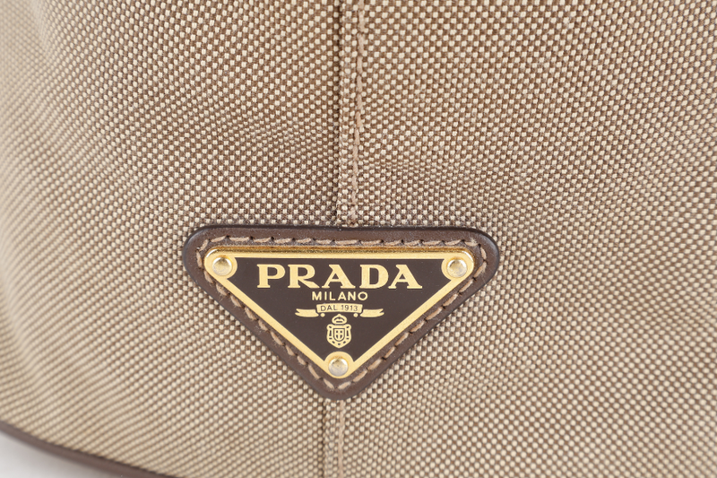 PRADA LOGO JACQUARD MEDIUM CANVAS CORDA BRUCIA GOLD HARDWARE WITH LONG STRAPS, CARD AND DUST COVER