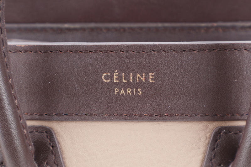 CELINE LUGGAGE NANO BAG TRICOLOR BROWN TAUPE LEATHER GOLD HARDWARE WITH LONG STRAPS