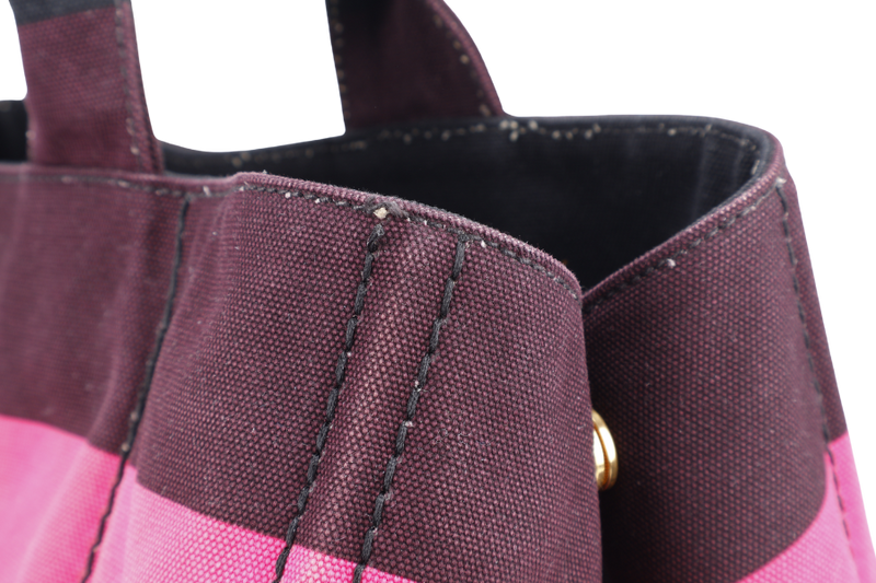 PRADA CANAPA RIGHE B1872B PINK AND DARK BROWN CANVAS TOTE BAG WITH CARD AND DUST COVER