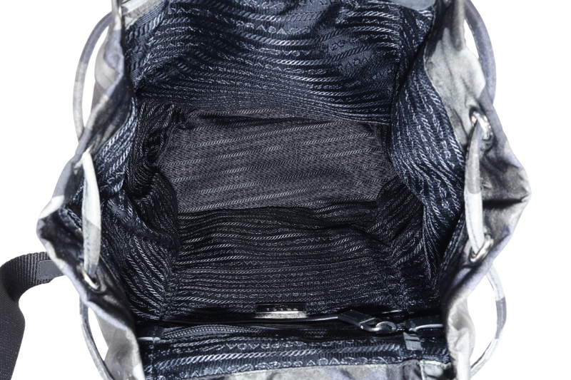 PRADA BZ0032 TESSUTO CAMOUFLAGE PATTERN GREEN BACKPACK WITH SILVER HARDWARE WITH CARD, NO DUST COVER