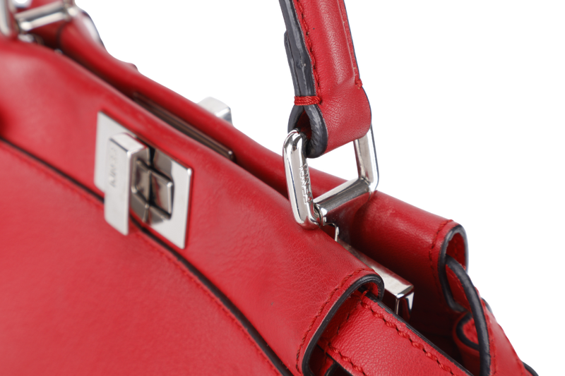 FENDI PEEKABOO MINI RED WHIPSTITCH CALF LEATHER SILVER HARDWARE WITH STRAPS AND DUST COVER