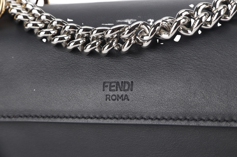 FENDI KAN I LOGO CROSSBODY (8BT286) SMALL BLACK CALF LEATHER PALLADIUM AND GOLD HARDWARE WITH DUST COVER