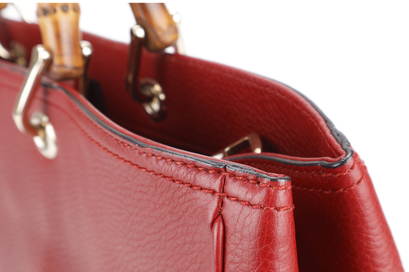 GUCCI RED LARGE BAMBOO SHOPPER LEATHER TOTE BAG GOLD HARDWARE WITH DUST COVER