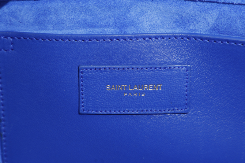 YVES SAINT LAURENT (YSL) RECTANGLE CLUTCH BLUE LEATHER GOLD HARDWARE WITH DUST COVER