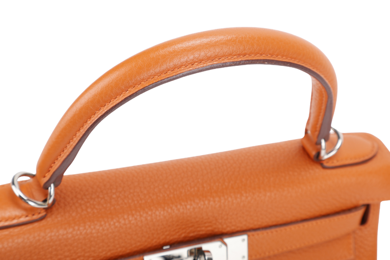 HERMES KELLY 28 RETOURNE ORANGE CLEMENCE LEATHER SILVER HARDWARE STAMP X (YEAR 2016) WITH LONG STRAP, LOCK&KEYS , DUST COVER, RAINCOAT AND BOX