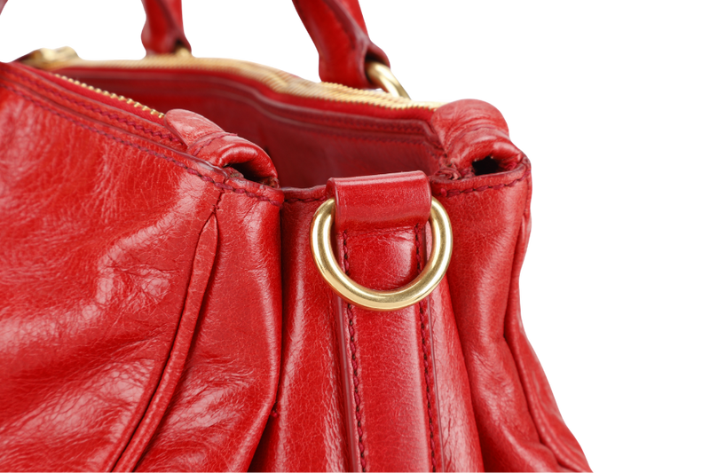 PRADA BR2324 VITELLO SHINE RED MEDIUM SATCHEL LEATHER 2WAYS BAG GOLD HARDWARE WITH CARD AND STRAPS