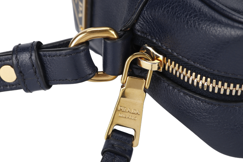 PRADA CAMERA CROSSBODY BAG (1BH089) NAVY BLUE GLACE CALF LEATHER GOLD HARDWARE WITH DUST COVER AND CARD