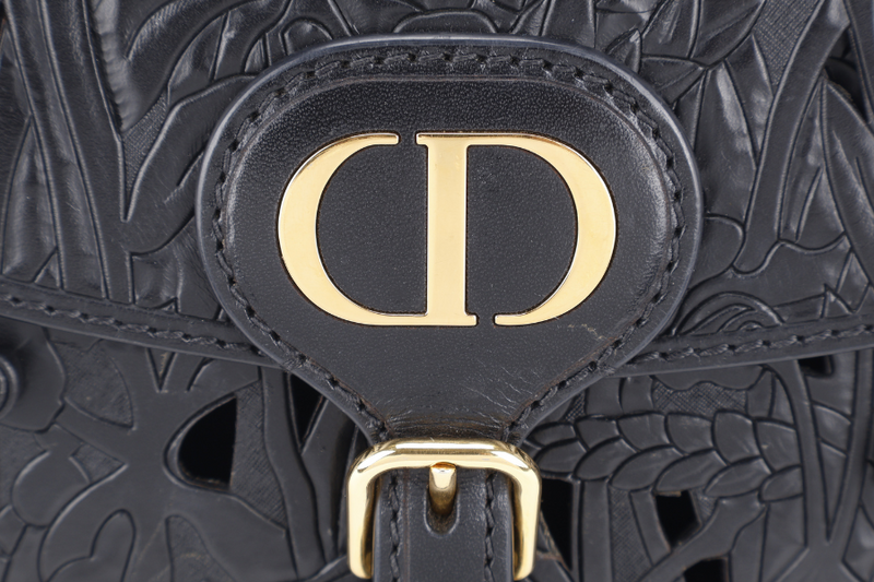CHRISTIAN DIOR BOBBY FLORAL MOTIF (05-RU-0211) MEDIUM BLACK LEATHER GOLD HARDWARE WITH STRAPS, CARD AND BOX