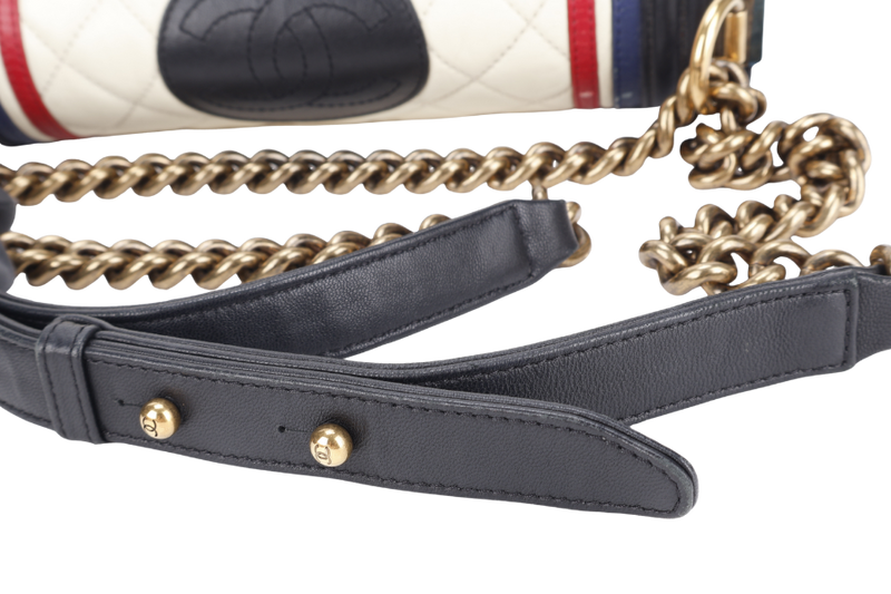 CHANEL LEBOY (2191xxxx) CREST BLACK, RED, WHITE & BLUE LAMBSKIN LEATHER GOLD HARDWARE WITH BOX