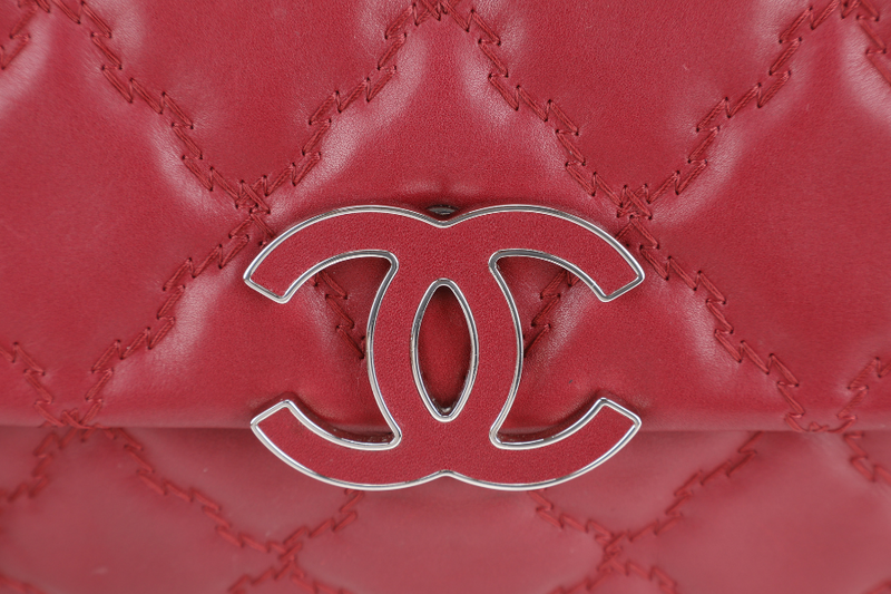 CHANEL HAMPTONS WILD STITCH DARK RED LEATHER FLAP BAG SILVER HARDWARE (1783xxxx) WITH CARD, DUST COVER AND BOX
