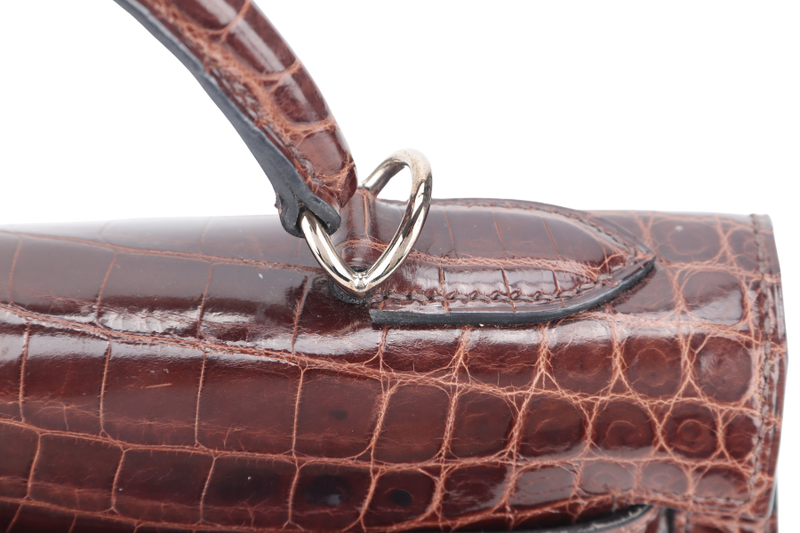 HERMES KELLY 32 SELLIER DARK BROWN SHINY NILOTICUS SILVER HARDWARE STAMP P (YEAR 2012) WITH KEYS, LOCK, STRAPS, RAINCOAT WITH DUST COVER