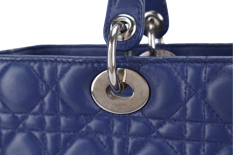 CHRISTIAN DIOR LADY DIOR (13-BO-1113) LARGE BLUE LAMBSKIN SILVER HARDWARE WITH LONG STRAPS NO DUST COVER