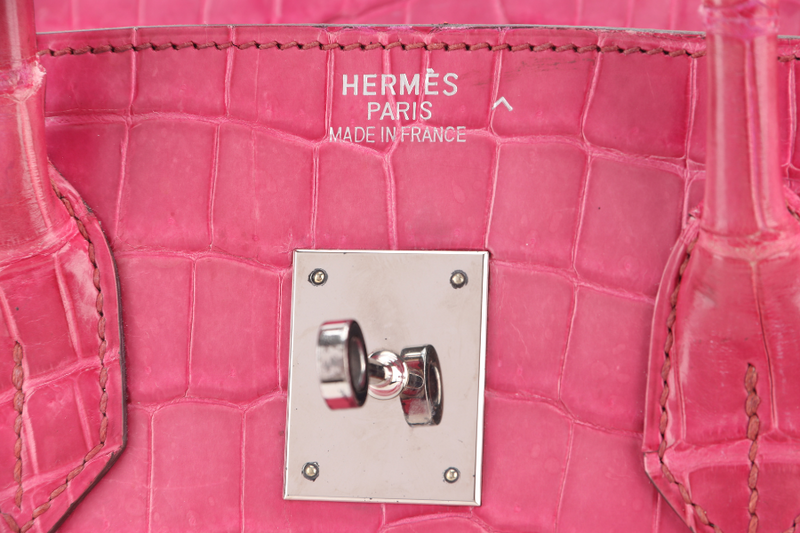 HERMES BIRKIN 35 SHINY POROSUS ROSE TYRIEN SILVER HARDWARE STAMP UNCLEAR WITH KEYS, LOCK, RAINCOAT AND DUST COVER