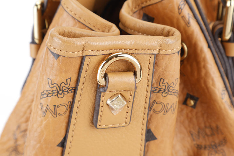 MCM VISETOS TWO WAY BAG BROWN CALFSKIN LEATHER GOLD HARDWARE WITH STRAPS, DUST COVER AND CARD