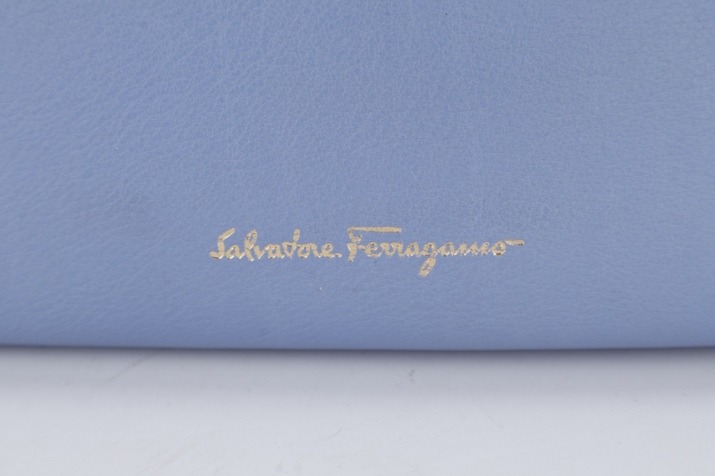 SALVATORE FERRAGAMO MELINDA TOTE BAG SMALL LIGHT BLUE LEATHER GOLD HARDWARE WITH DUST COVER