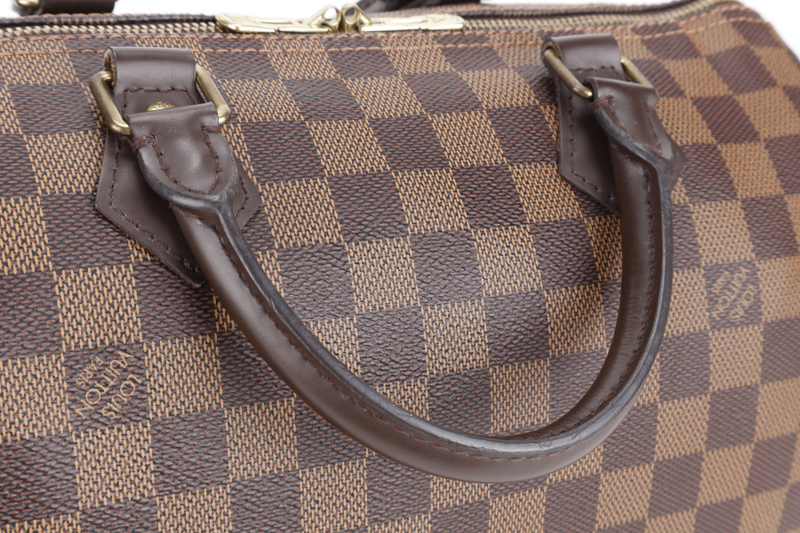 LOUIS VUITTON SPEEDY 30 DAMIER EBENE CANVAS GOLD HARDWARE WITH STRAPS, LOCK & KEYS AND DUST COVER