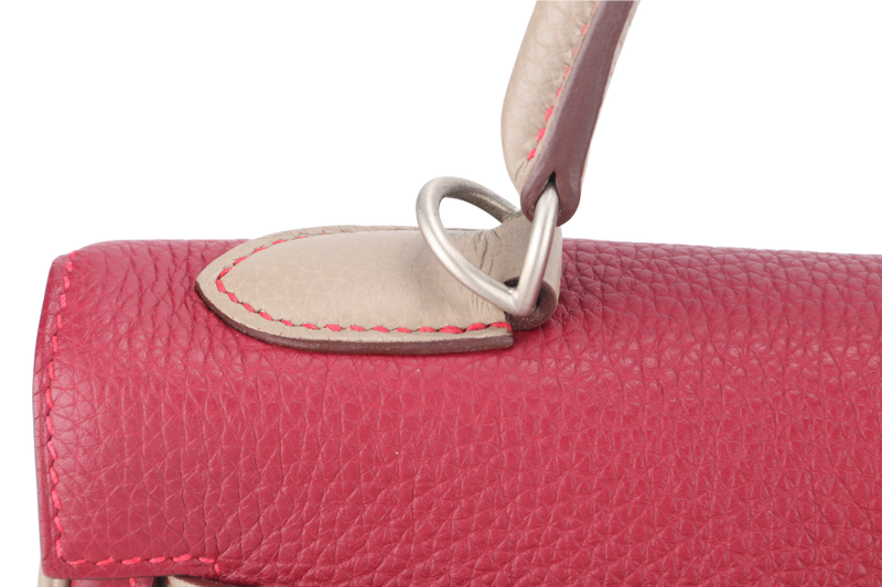 HERMES KELLY 32 HSS VERSO TOSCA AND GRIS T COLOR TOGO LEATHER BRUSHED SILVER HARDWARE STAMP O (YEAR 2011) WITH LOCK, KEYS AND STRAP, NO DUST COVER