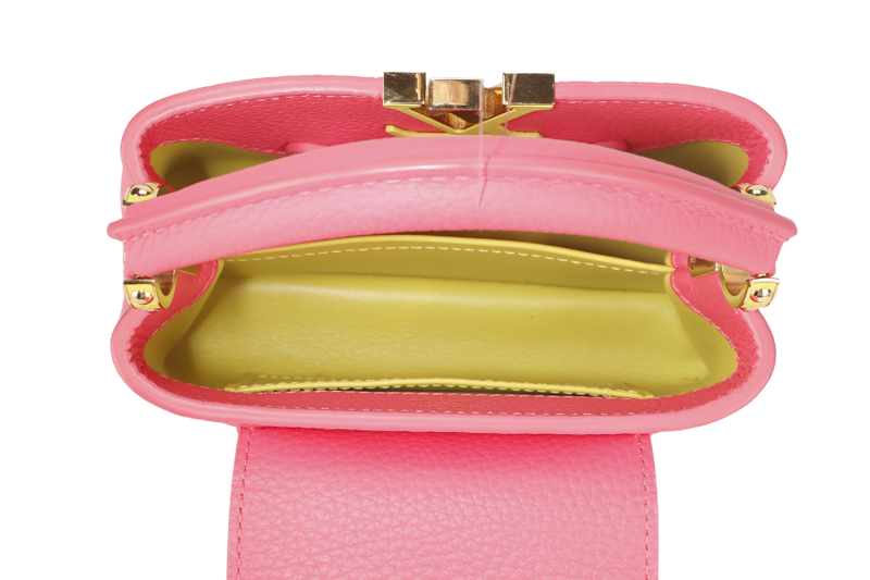 LOUIS VUITTON MINI CAPUCINES (M59440) PINK-LIME TAURILLON LEATHER GOLD HARDWARE MICROCHIP WITH STRAP, DUST COVER AND BOX