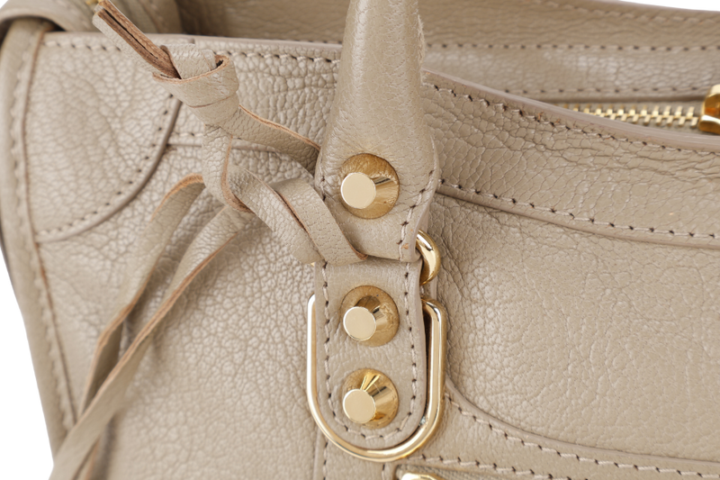BALENCIAGA SMALL METALLIC EDGE CLASSIC CITY TOTE BEIGE CALFSKIN LEATHER GOLD HARDWARE WITH DUST COVER, STRAPS AND MIRROR