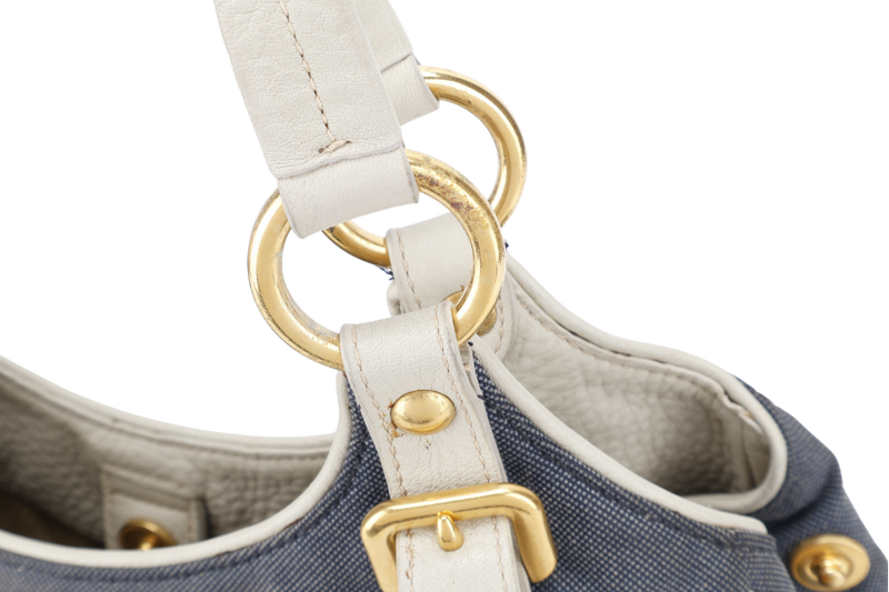 PRADA BLUE DENIM TOTE BAG WHITE LEATHER GOLD HARDWARE NO DUST COVER