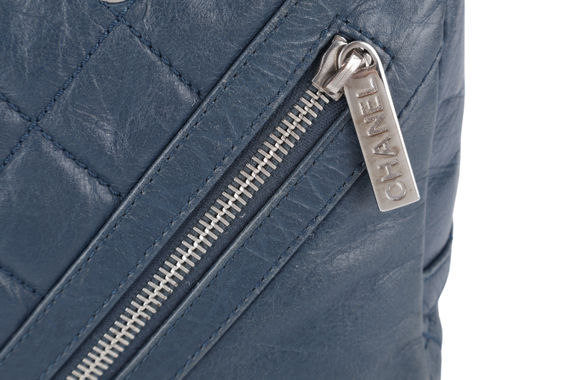 CHANEL CLUB BOWLER BAG (1138xxxx) BLUE CALFSKIN QUILTED COTTON LEATHER SILVER HARDWARE NO DUST COVER