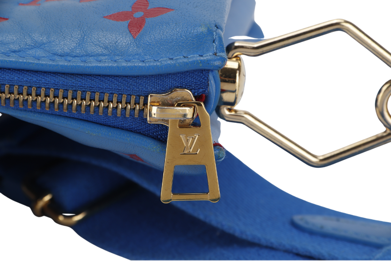 LOUIS VUITTON COUSSIN CROSSBODY BAG PM BLUE & RED EMBOSSED LAMBSKIN GOLD HARDWARE MICROCHIP WITH DUST COVER AND BOX