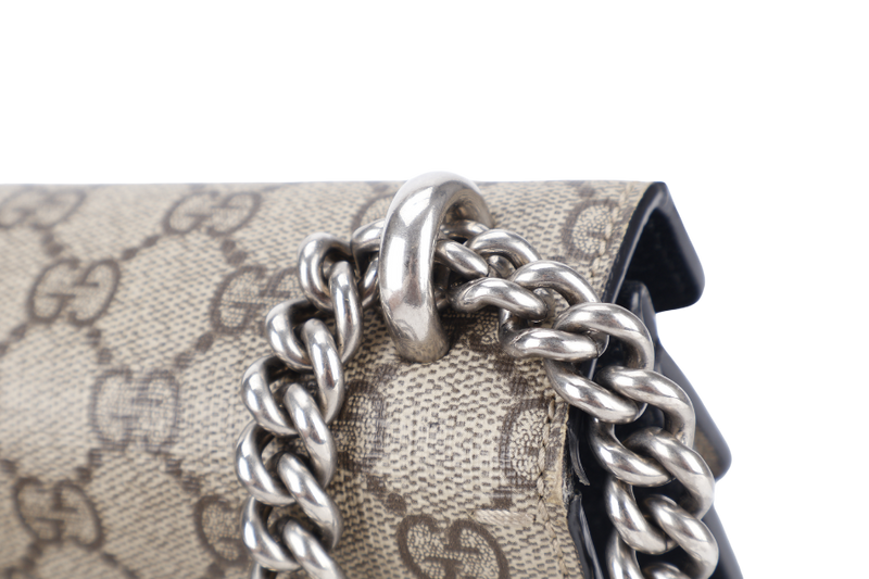 GUCCI DIONYSUS GG SUPREME CHAIN SHOULDER BAG SMALL BROWN LEATHER SUEDE SILVER HARDWARE WITH DUST COVER AND BOX