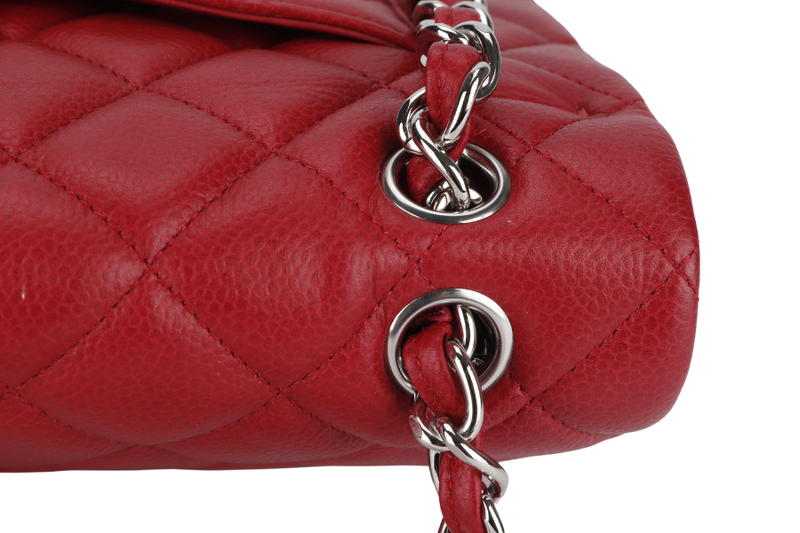 CHANEL CLASSIC FLAP MAXI (1442xxxx) RED CAVIAR LEATHER SILVER HARDWARE WITH CARD