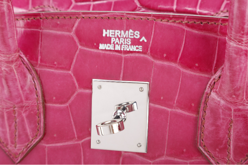 HERMES BIRKIN 35 STAMP N SQUARE (YEAR 2010) ROSE SCHEHERAZADE POROSUS CROC SKIN SILVER HARDWARE WITH KEYS&LOCK, RAINCOAT, DUST COVER & BOX