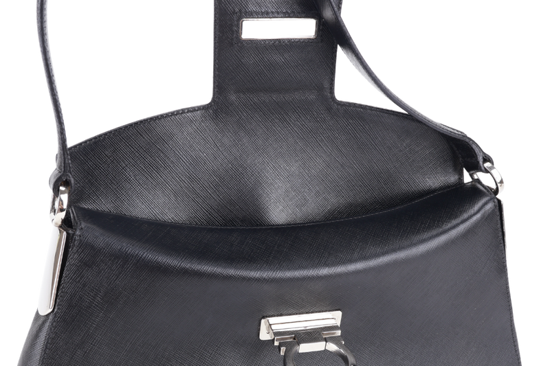 SALVATORE FERRAGAMO BLACK SAFFIANO LEATHER SHOULDER BAG SILVER HARDWARE NO DUST COVER