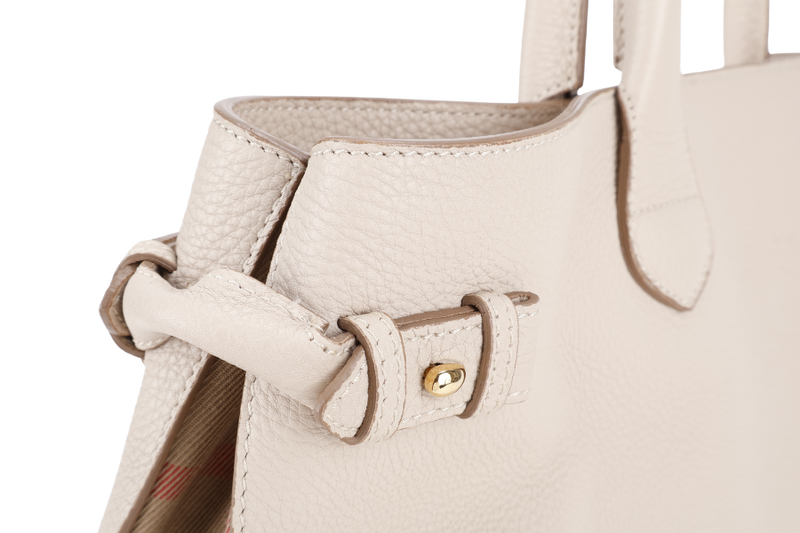 BURBERRY BEIGE BANNER HOUSE CHECK DERBY TOTE CALF LEATHER GOLD HARDWARE WITH STRAPS AND DUST COVER