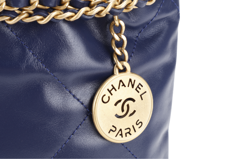 CHANEL MINI 22 (XE8Kxxxx) BLUE SHINY CALF LEATHER GOLD HARDWARE WITH DUST COVER, BOX AND PAPER BAG