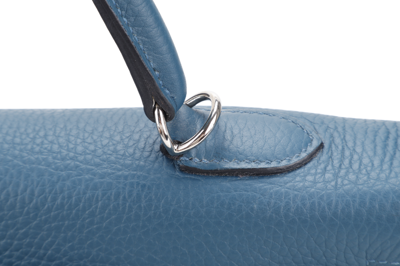 HERMES KELLY 35 BLUE COLVERT CLEMENCE LEATHER SILVER HARDWARE STAMP Q (YEAR 2013) WITH STRAPS, KEYS & LOCK , BOX AND PAPER BAG (NO DUST COVER)