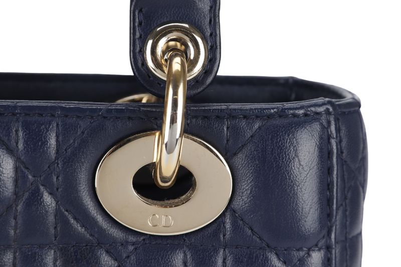 CHRISTIAN DIOR LADY DIOR SMALL (01-RU-1117) NAVY BLUE CANNAGE LAMBSKIN GOLD HARDWARE WITH STRAP, DUST COVER AND BOX