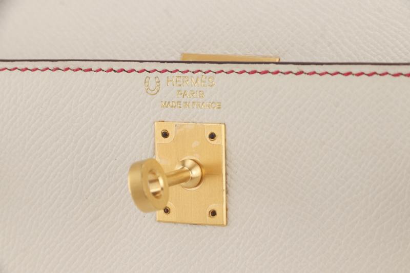 HERMES KELLY 25 HSS SELLIER STAMP D (YEAR 2022) EPSOM CRAIE ROUGE CASAQUE BRUSHED GOLD HARDWARE WITH LOCK&KEYS, RAINCOAT AND DUST COVER