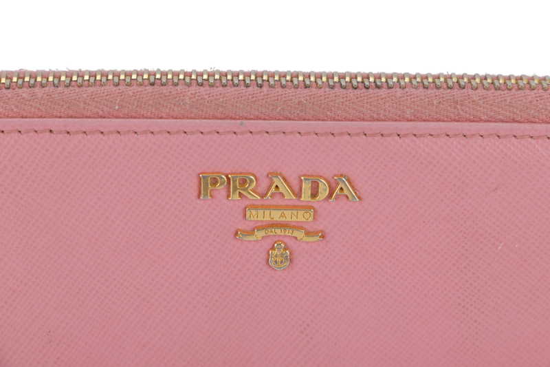 PRADA ZIP AROUND LONG WALLET PINK SAFFIANO LEATHER GOLD HARDWARE WITH BOX