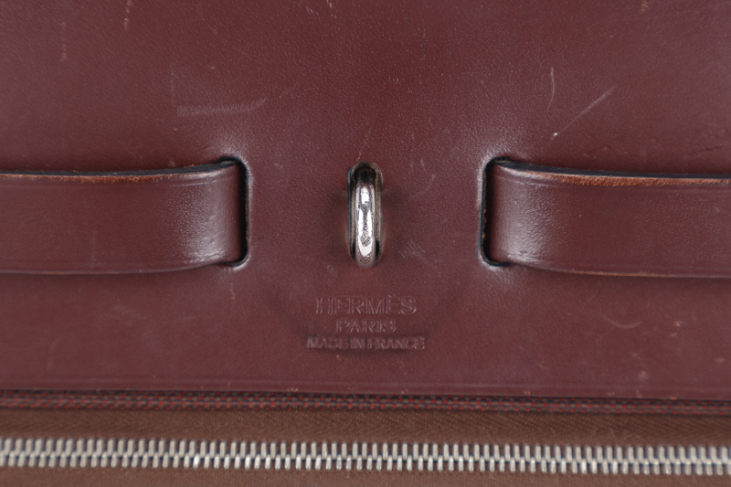 HERMES HERBAG 31 PRUNE CANVAS WITH BROWN LEATHER TRIM STAMP R (2014) SILVER HARDWARE WITH LOCK & KEYS, DUST COVER AND BOX