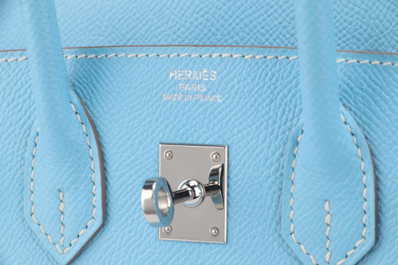 HERMES BIRKIN 25 BLUE CELESTE, BLUE THALASSA EPSOM LEATHER SILVER HARDWARE STAMP O (YEAR 2011) NO KEYS, NO LOCK WITH DUST COVER